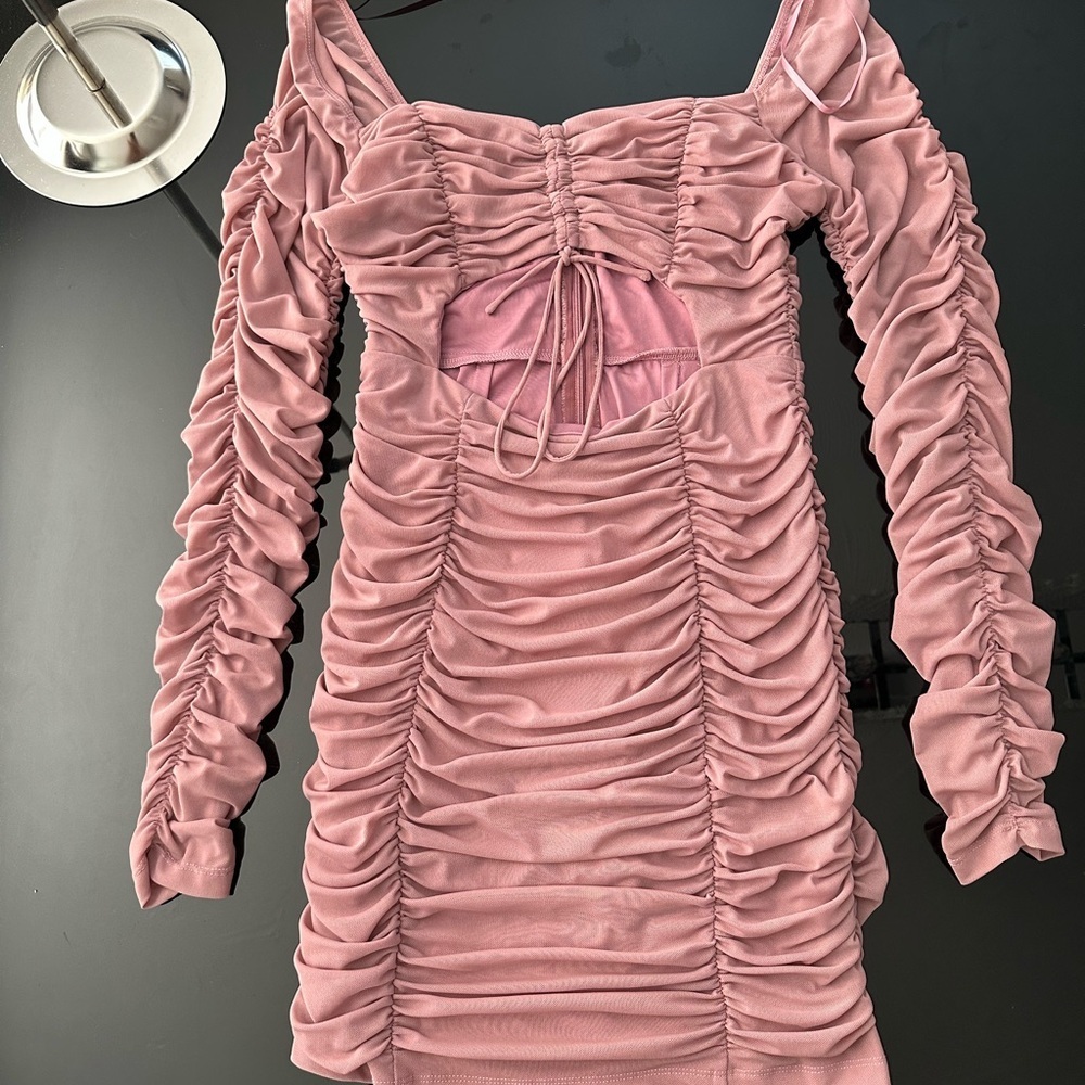 Pink Ruched Puff Sleeve Bodycon Dress